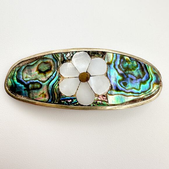 Antique Mother of Pearl Brooch Alpaca Silver with Old Double C Clasp - Picture 3 of 13